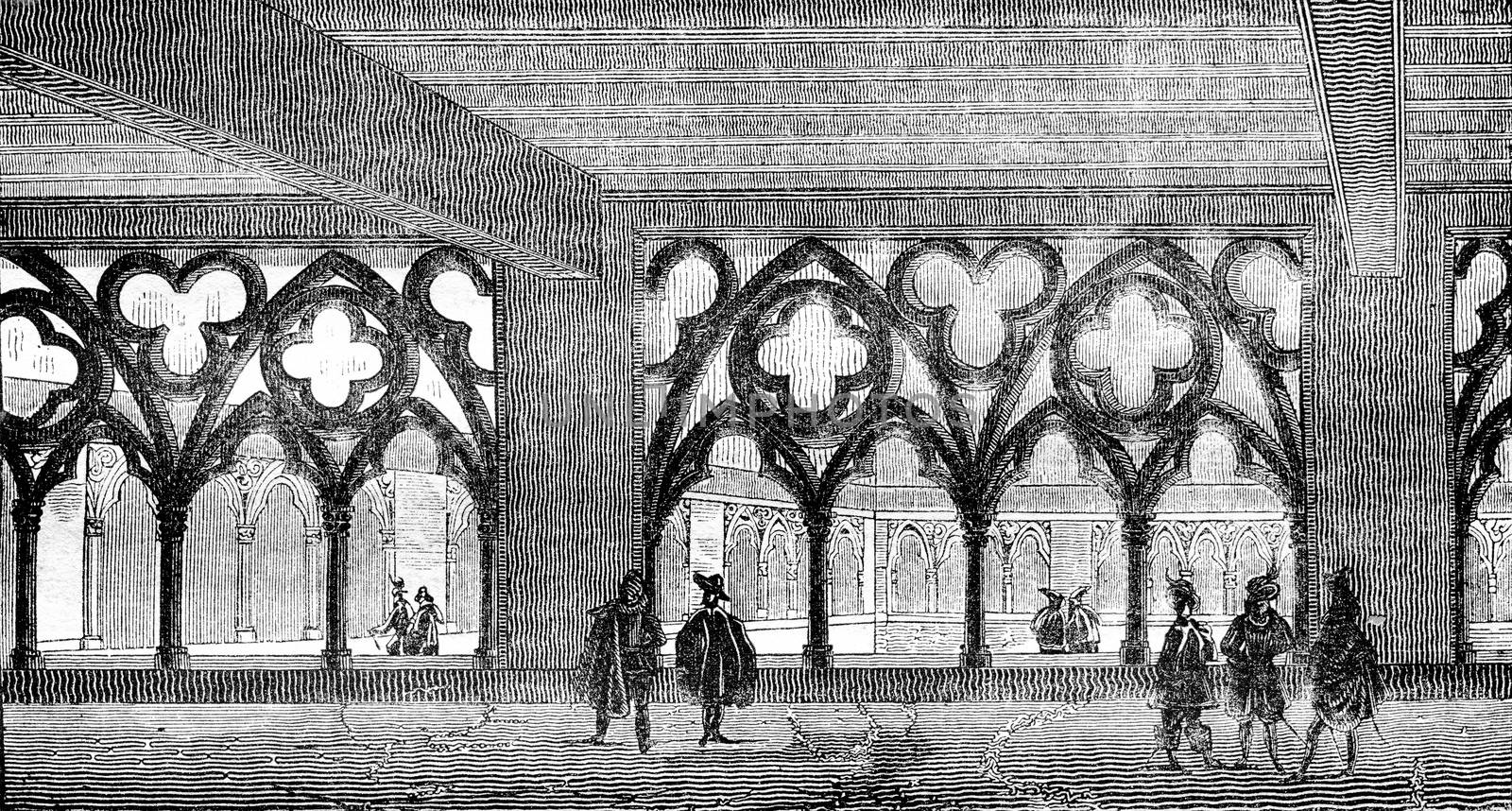 View of the cloister of the former college of Cluny Sorbonne square, vintage engraved illustration. Magasin Pittoresque 1836.
