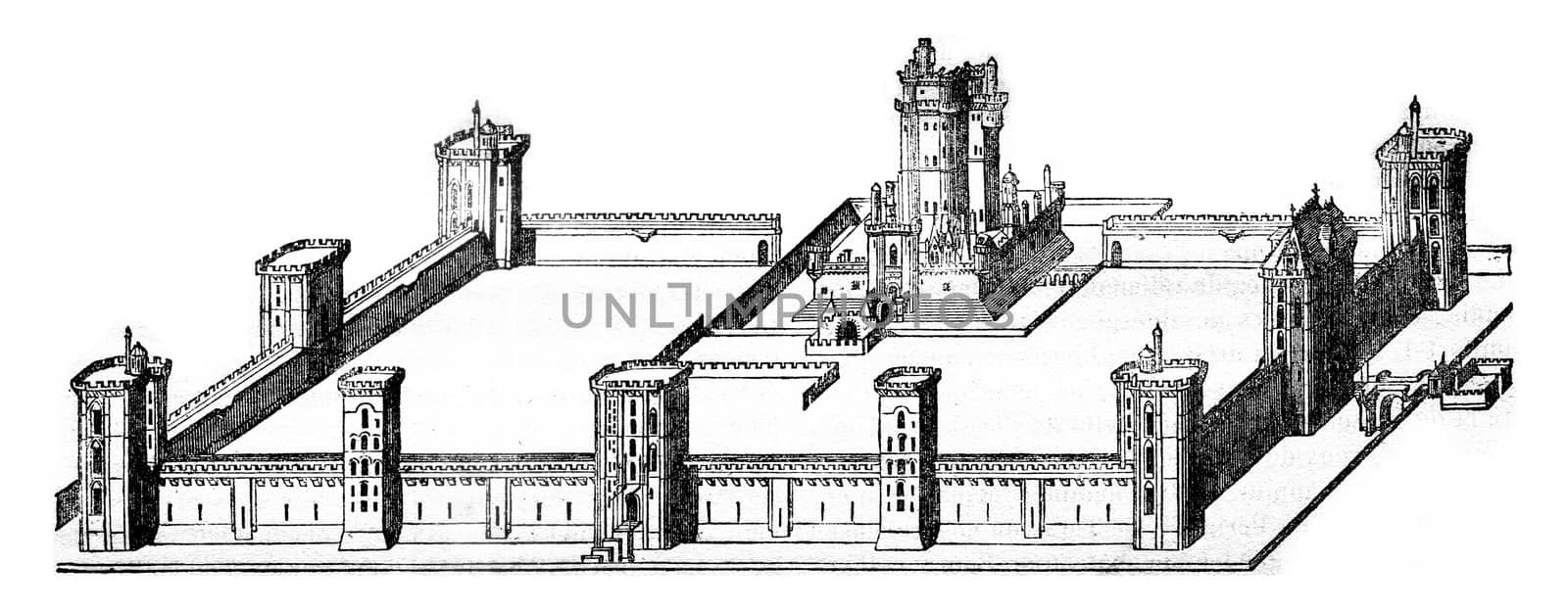 Vincennes Castle under Charles V, vintage engraving. by Morphart