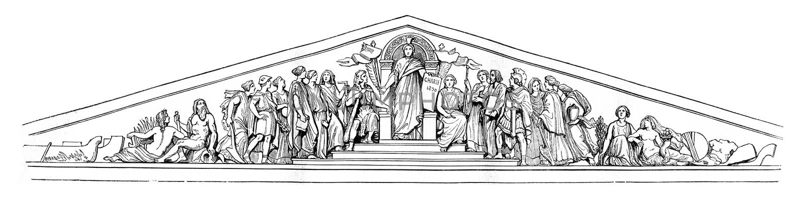 Pediment of the Chamber of Deputies, vintage engraved illustration. Magasin Pittoresque 1842.
