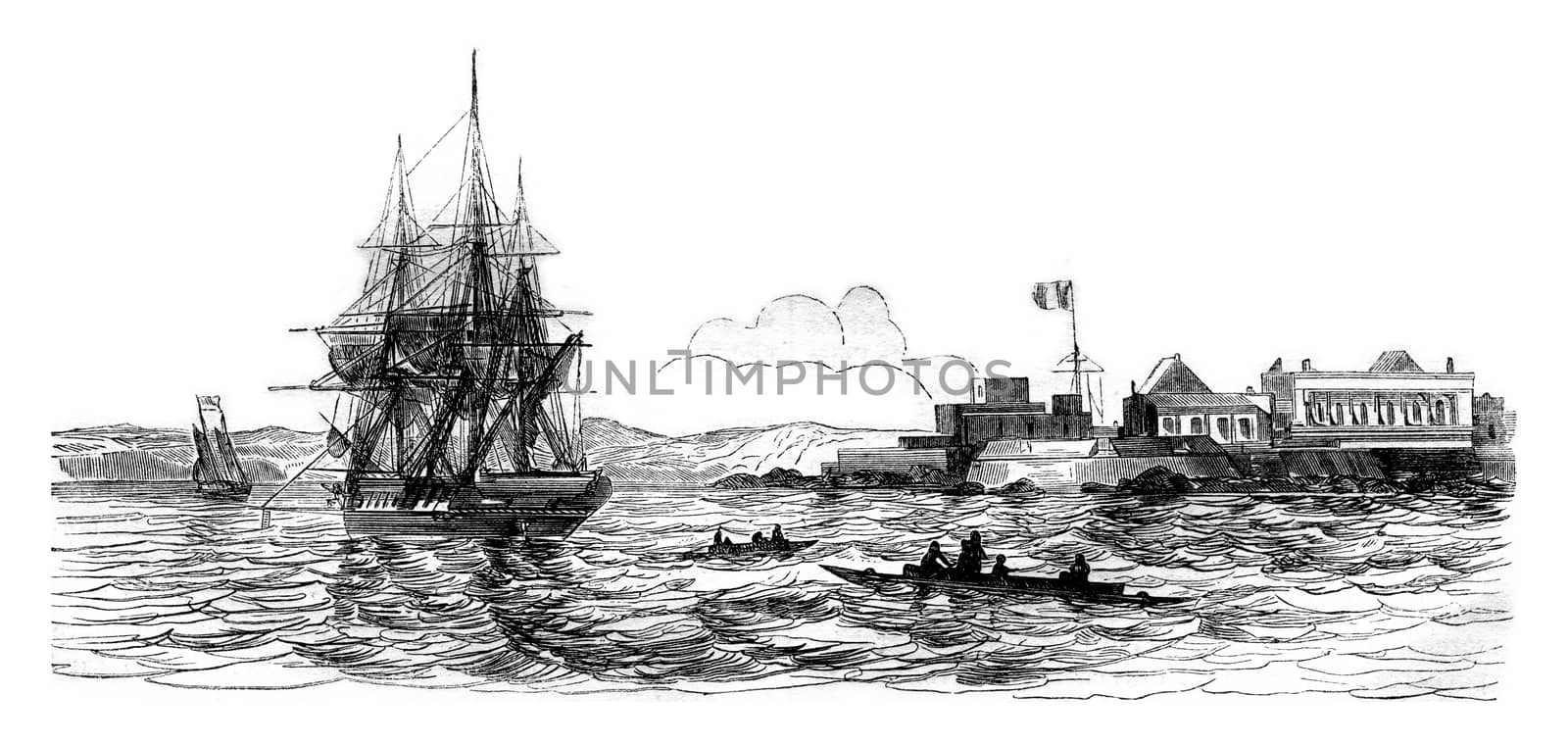 Gorce Island, South Point, vintage engraved illustration. Magasin Pittoresque 1843.
