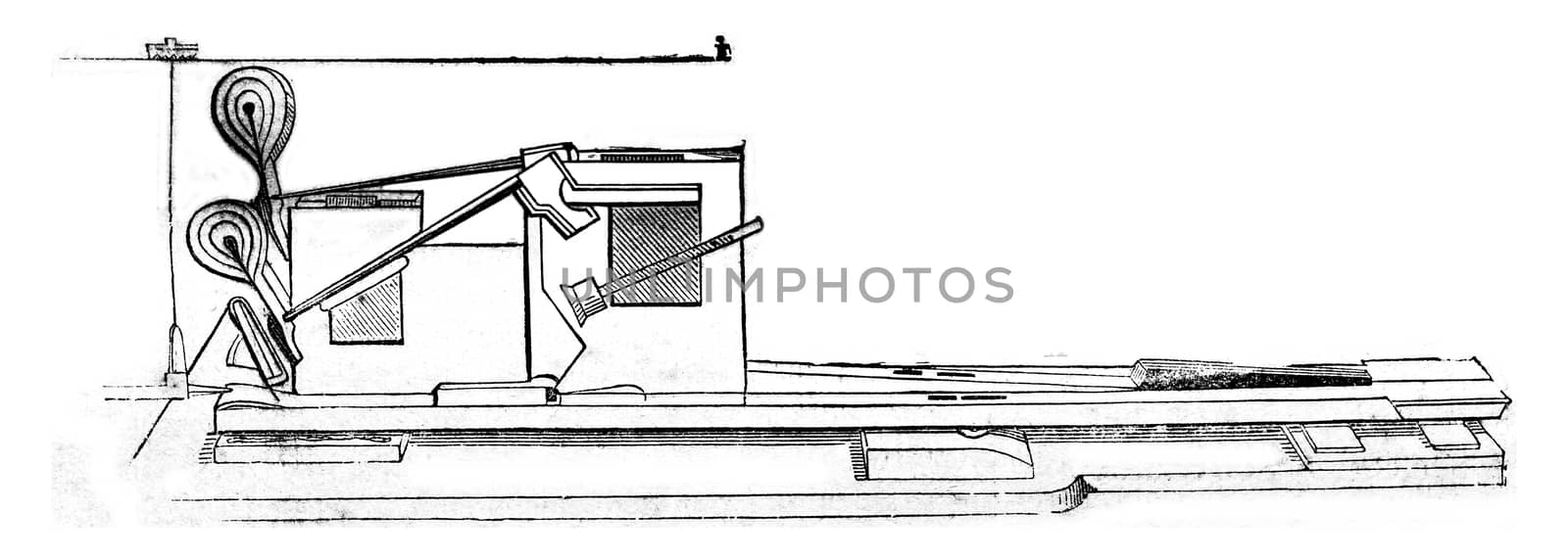 Detail of the mechanics of the piano, vintage engraved illustration. Magasin Pittoresque 1844.
