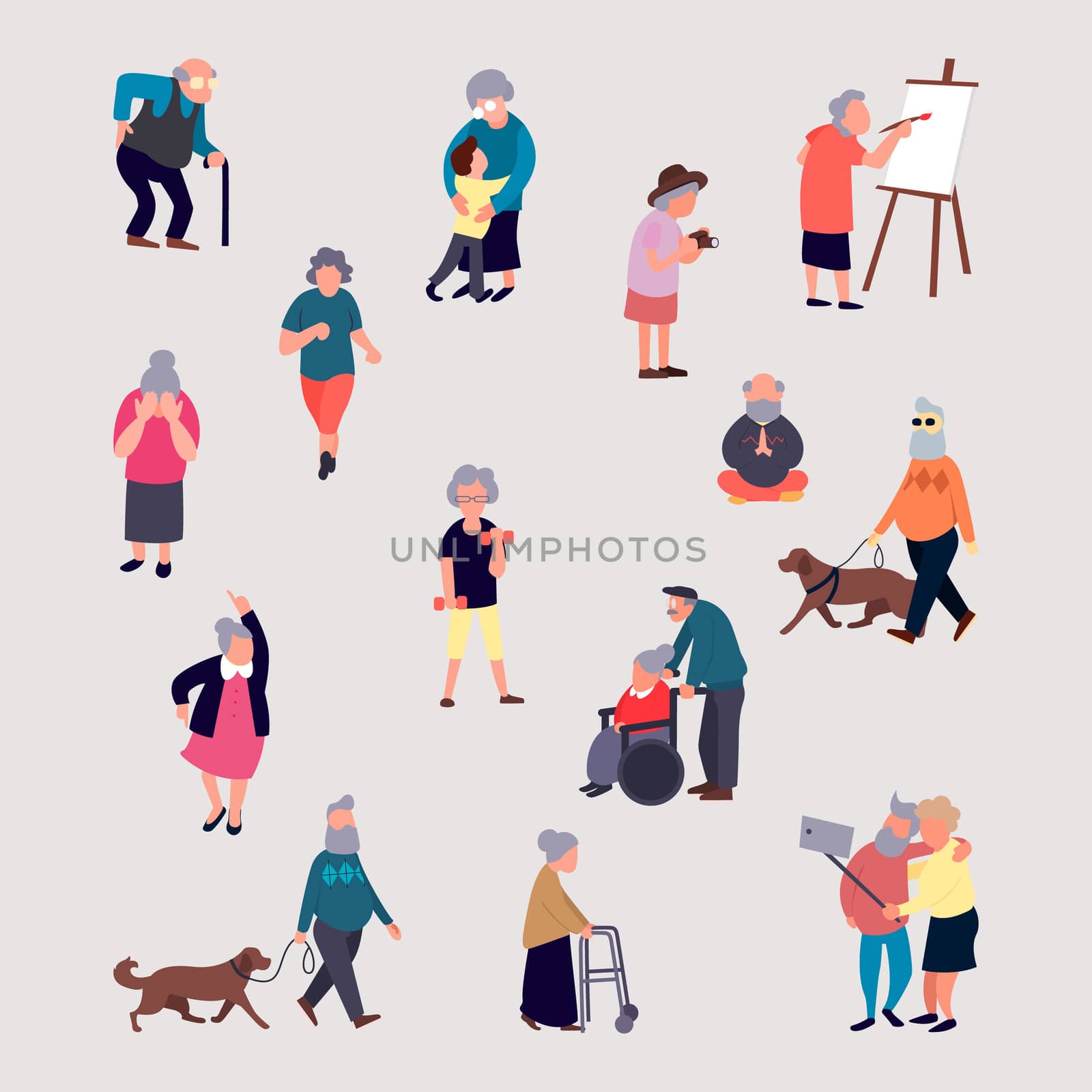 Cartoon elderly men and women performing outdoor activities on city street. Large set senior male and female recreation. Flat colorful illustration