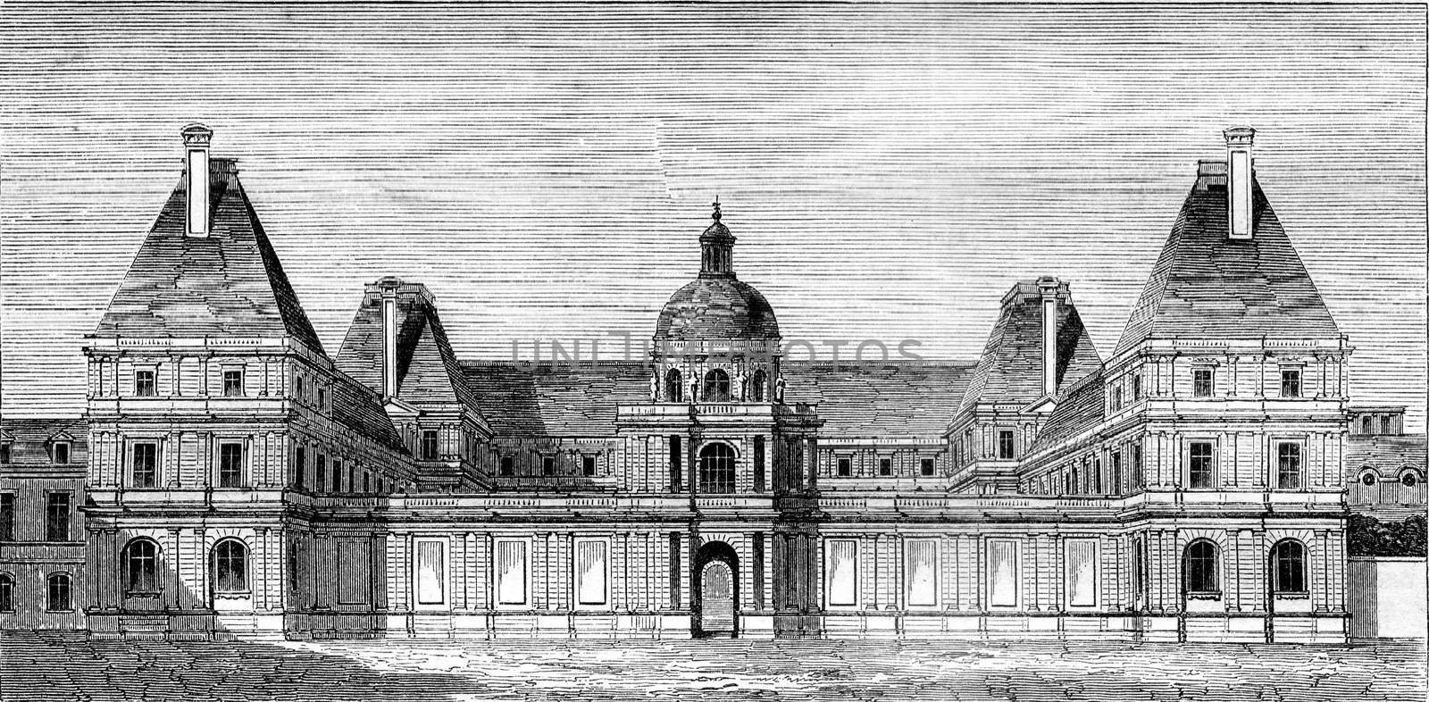 Luxembourg Palace, stand for Marie de Medici, vintage engraved illustration. Magasin Pittoresque 1845.
