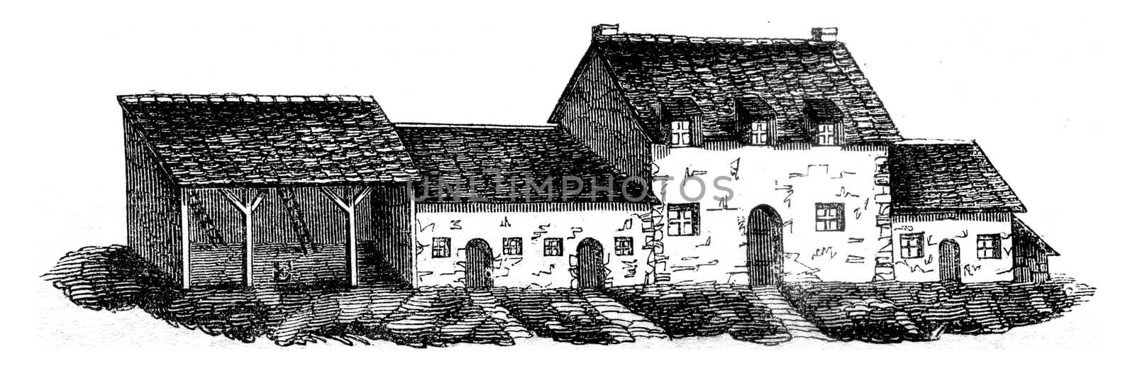 Department of North Cotes, Large farm back 500 francs, vintage engraved illustration. Magasin Pittoresque 1845.
