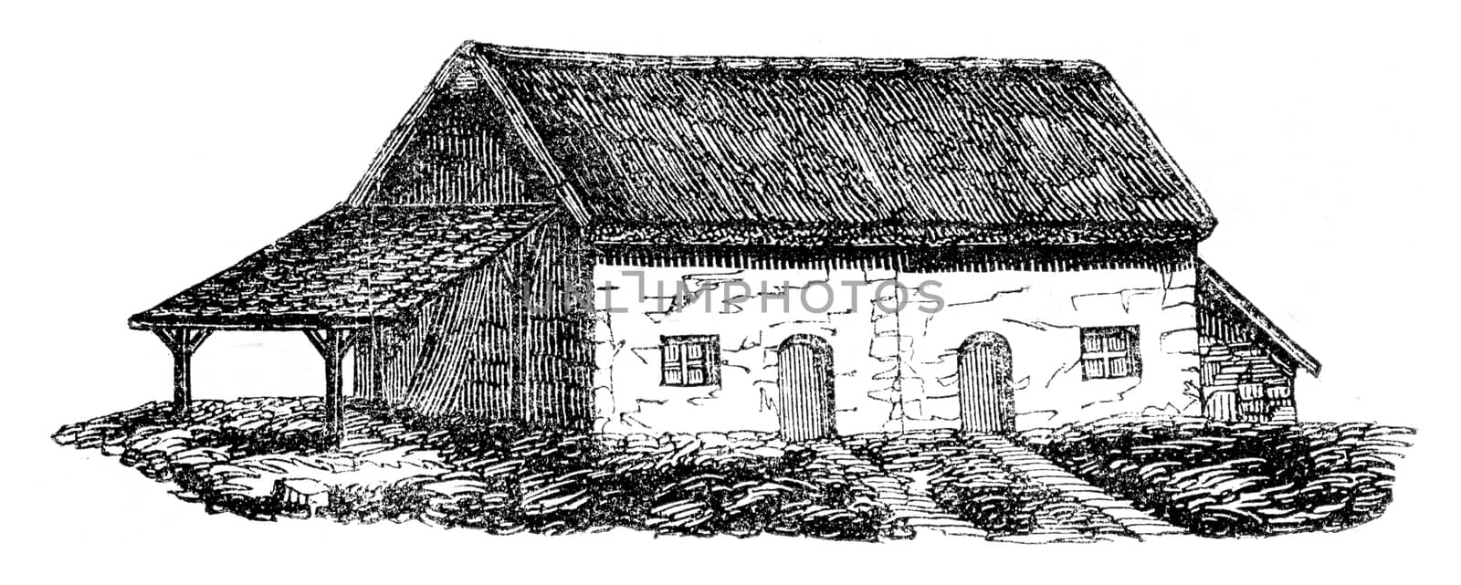 Department of North Cotes, Large farm back 500 francs, vintage engraved illustration. Magasin Pittoresque 1845.
