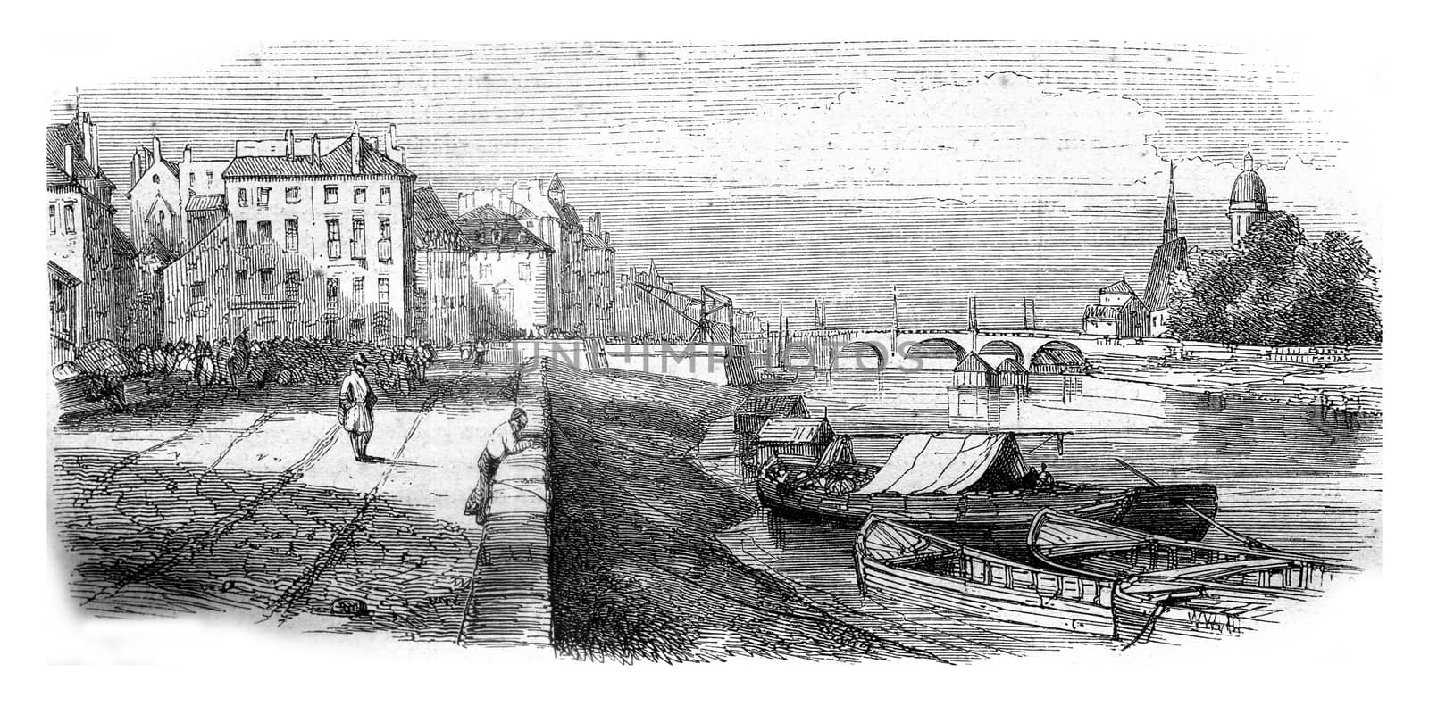 Chalons sur Saone, department of Saone et Loire, view from the dock, vintage engraved illustration. Magasin Pittoresque 1845.
