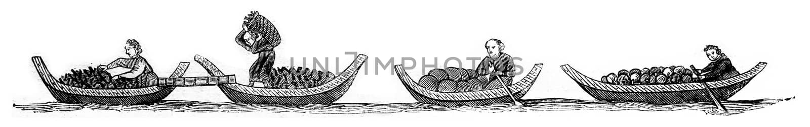 Port coal, fruits boats, vintage engraved illustration. Magasin Pittoresque 1846.
