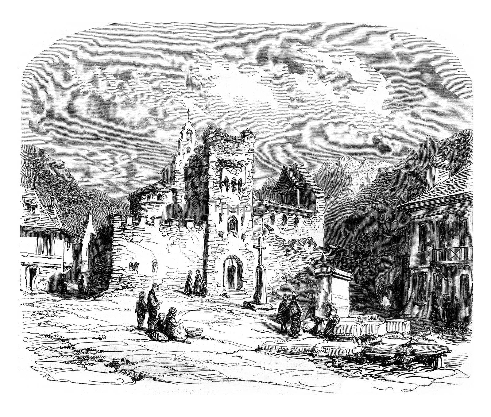 Church of the Knights Templar was Luz, vintage engraving. by Morphart