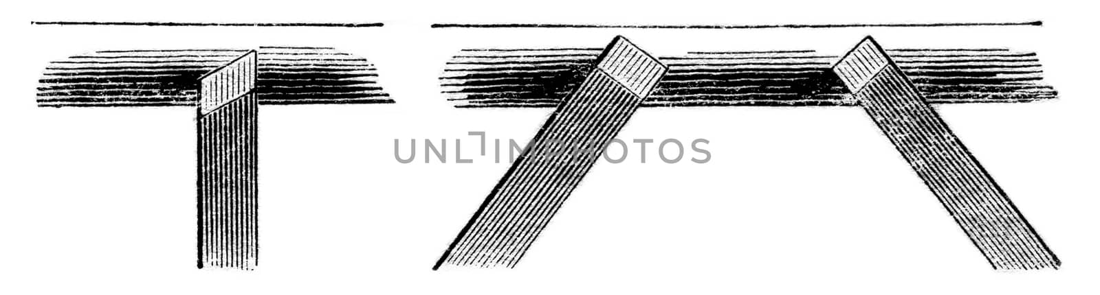 Right oblique and chisel, vintage engraved illustration. Magasin Pittoresque 1853.
