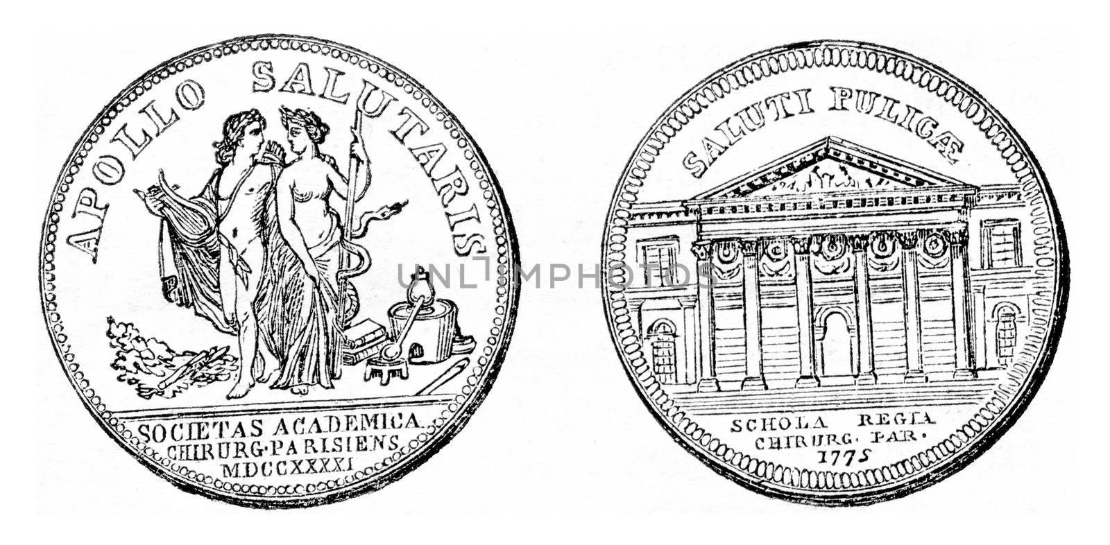 Fig 1- Reversal of a token of the Company surgery, Apollo and Health, Fig 2- Reversal of a token strikes for the inauguration of the School of surgery, vintage engraved illustration. Magasin Pittoresque 1857.
