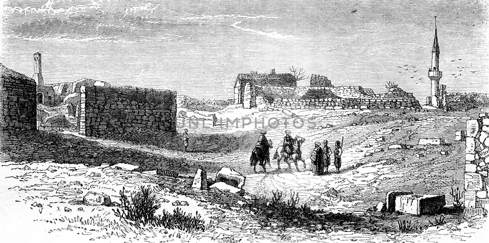 View of Kustendje, near the Danube, place of Ovid's exile, vintage engraved illustration. Magasin Pittoresque 1858.
