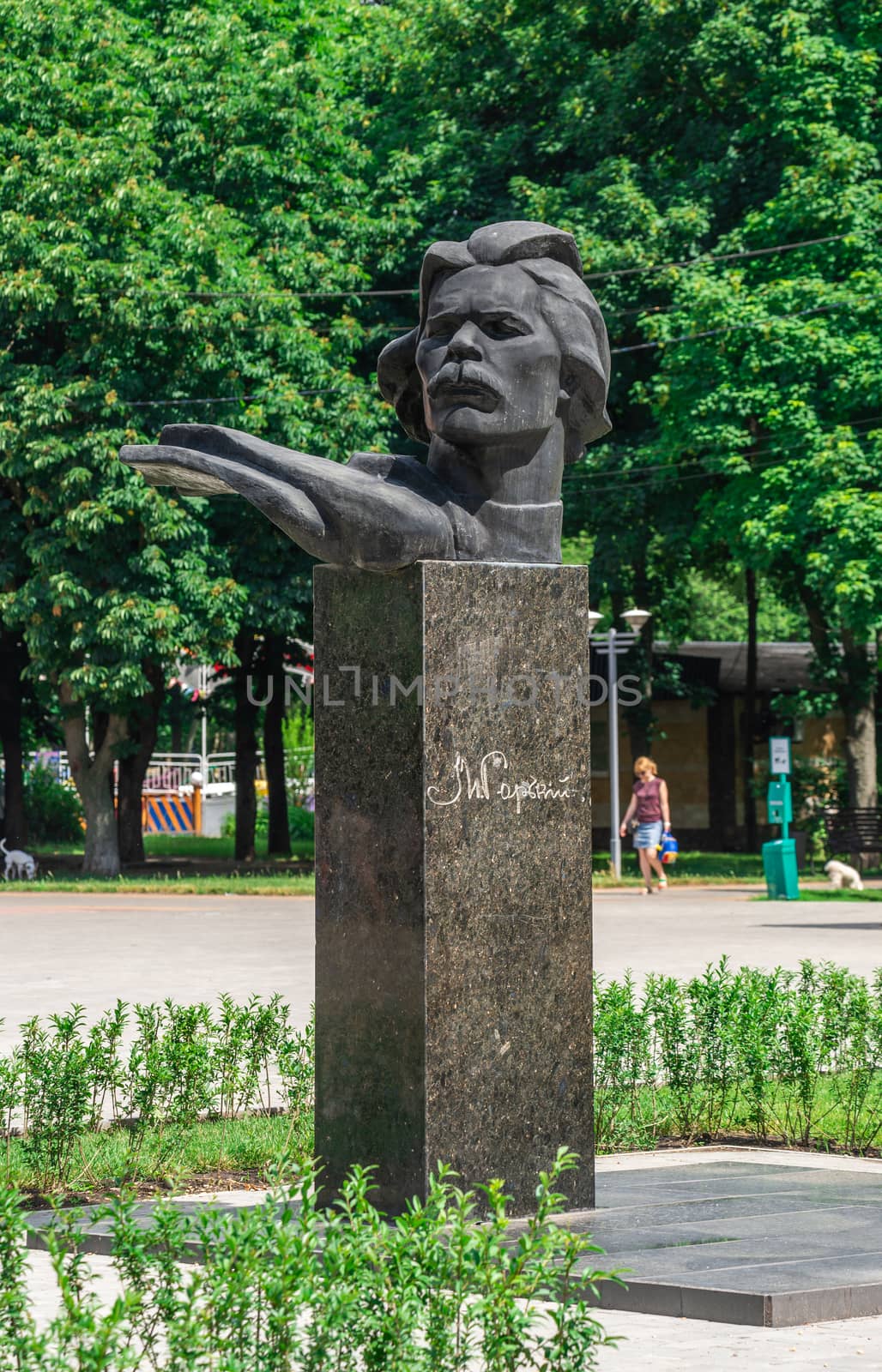 Odessa, Ukraine - 06.09.2019. Monument to Maxim Gorky in the Gorky Park in Odessa, Ukraine, on a sunny summer day