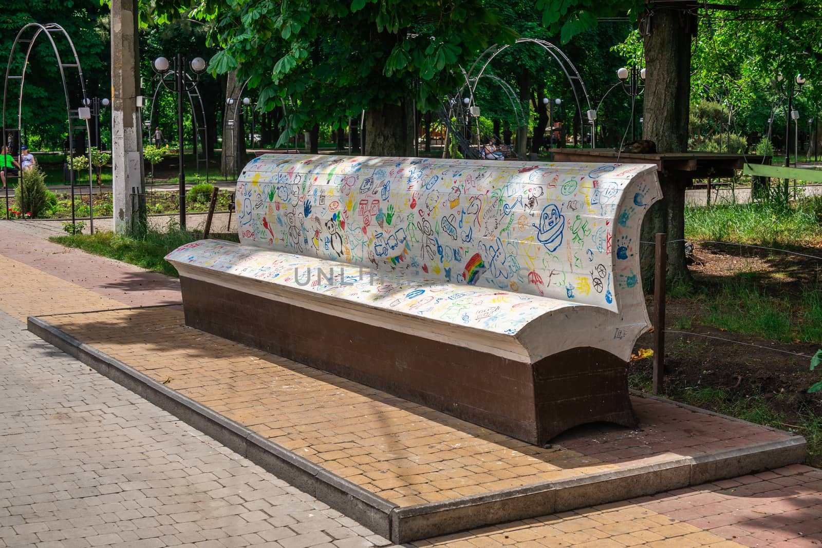 Odessa, Ukraine - 06.09.2019. Garden bench in Gorky Park in Odessa, Ukraine, on a sunny summer day