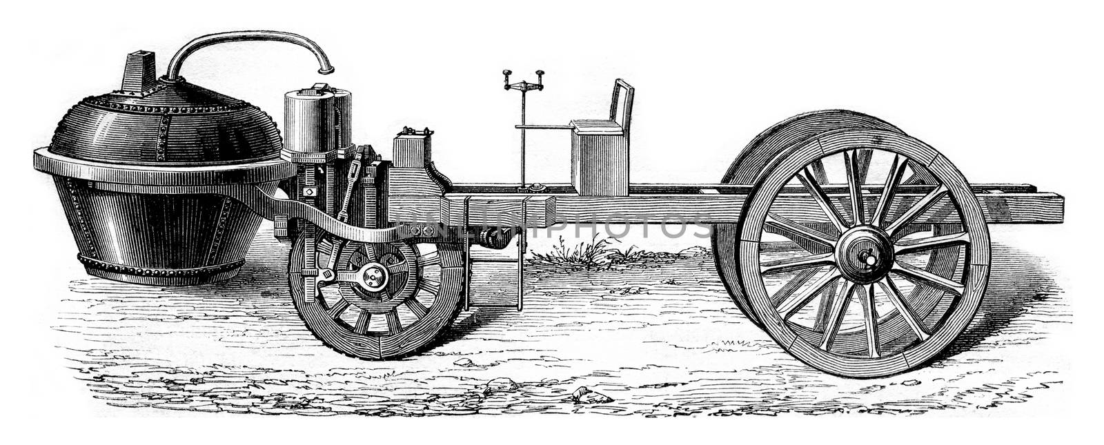Steam car of Cugnot under Louis XV, vintage engraved illustration. Magasin Pittoresque 1861.
