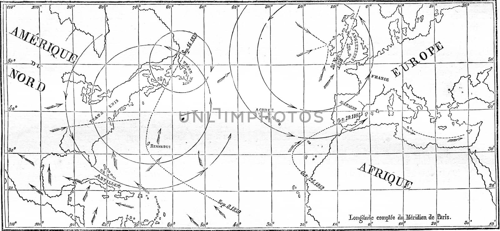 Map of the walk of several cyclones, vintage engraving. by Morphart
