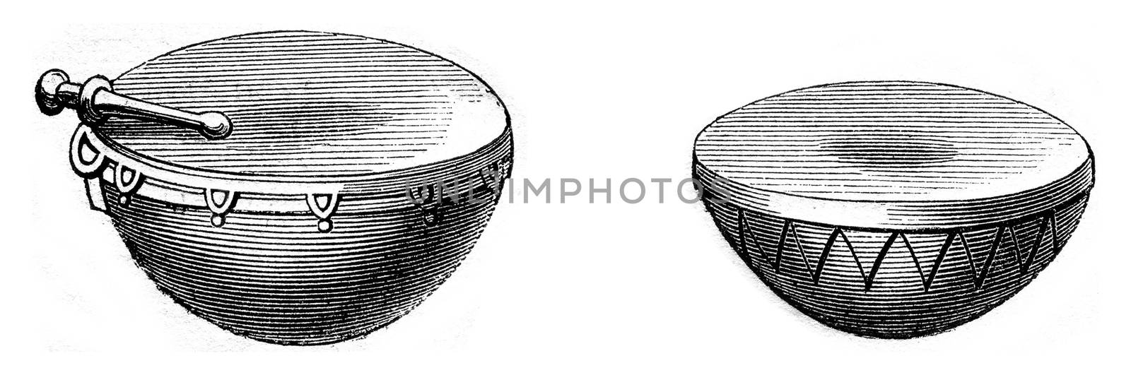 Ancient timpani for dance, Ancient timpani for war, vintage engraved illustration. Magasin Pittoresque 1869.
