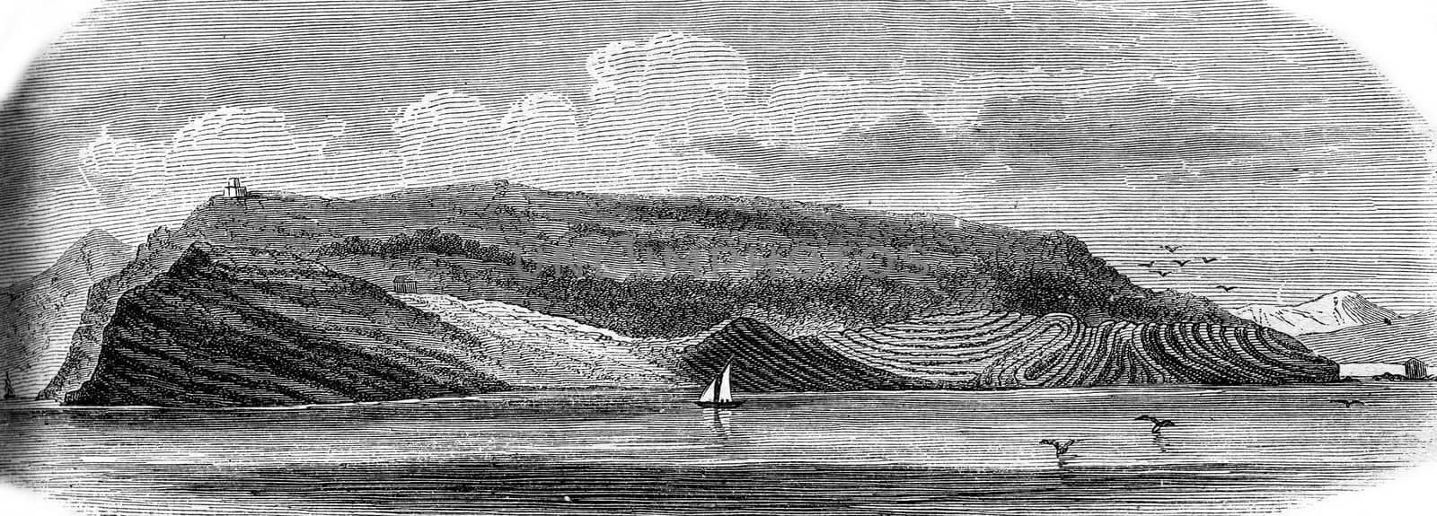 The Palmaria island in the Gulf of Spezia, south side, vintage engraved illustration. Magasin Pittoresque 1869.
