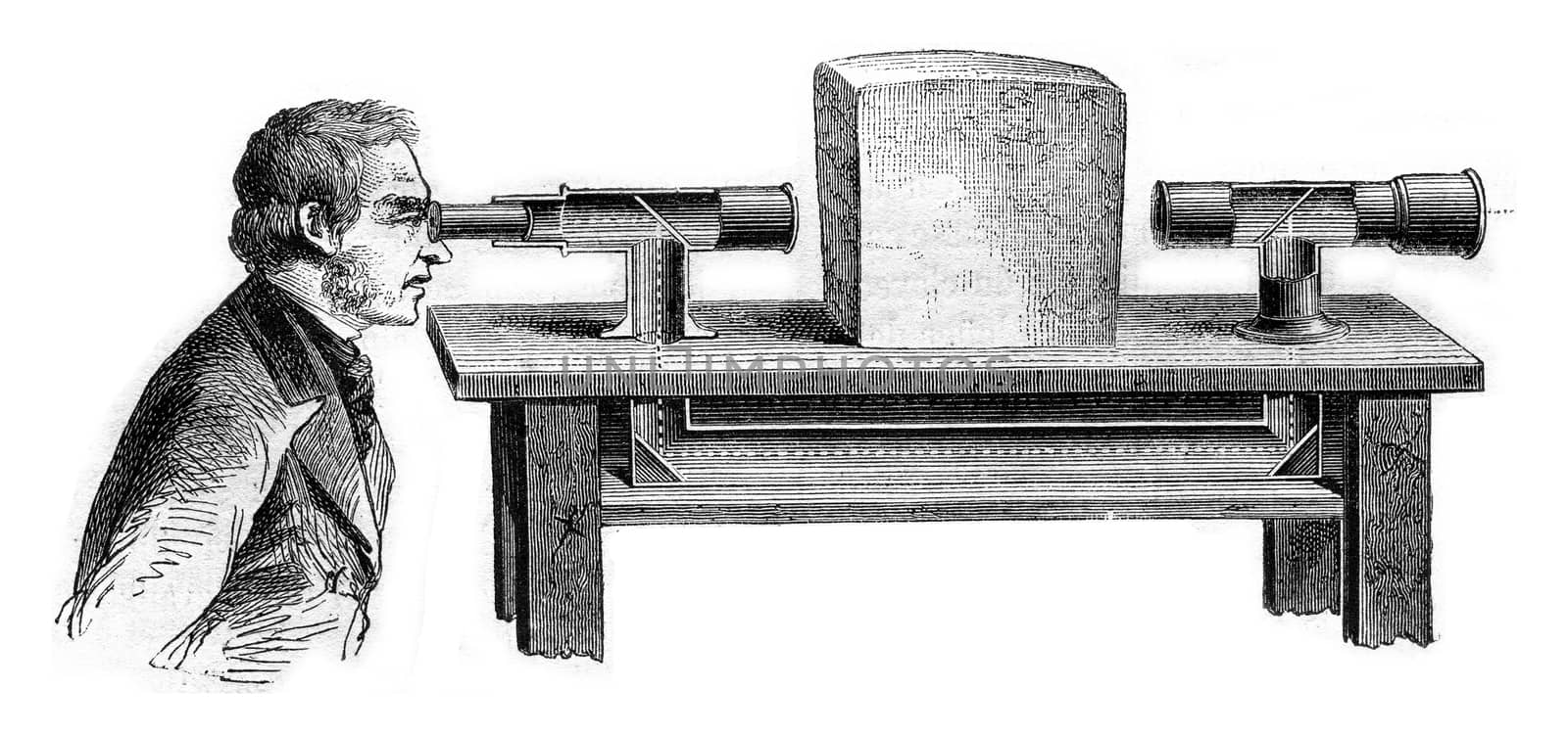 Cutting the broken telescope, vintage engraved illustration. Magasin Pittoresque 1869.
