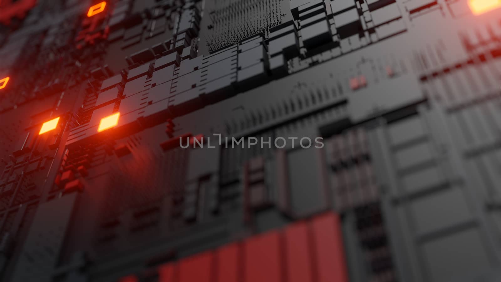 Abstract futuristic design. Tech wall with red bright elements. DOF effect. 3D illustration