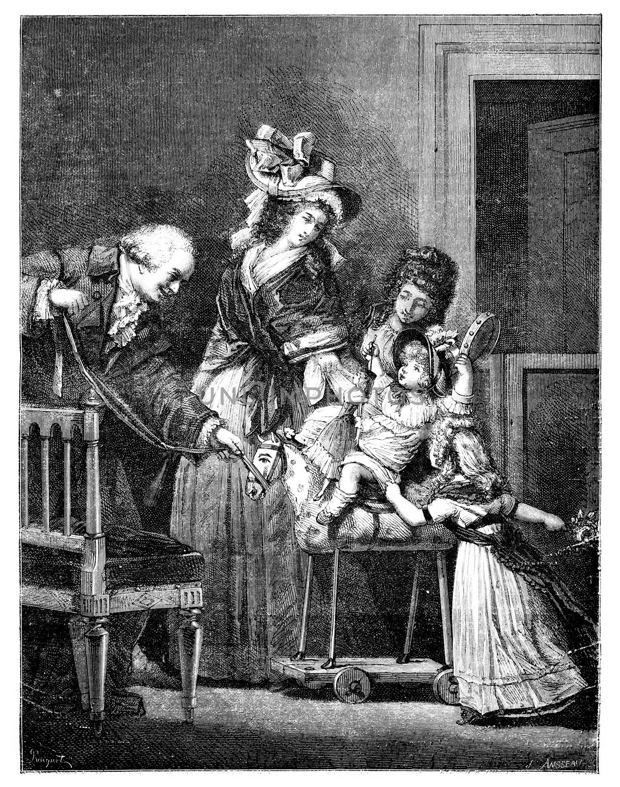 Old engraved illustration of The Happy Family drawing by Pauquet, based on Philibert-Louis Debucourt, 1874. Drawing of two woman, a man and two children playing on a horse. Le Magasin Pittoresque - 1874