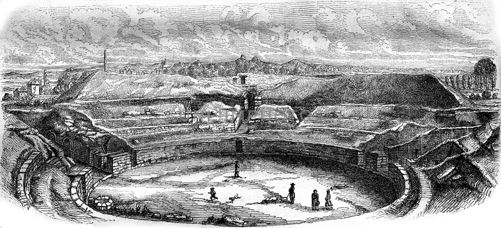 The Arena of Senlis in their current state, vintage engraved illustration. Magasin Pittoresque 1876.
