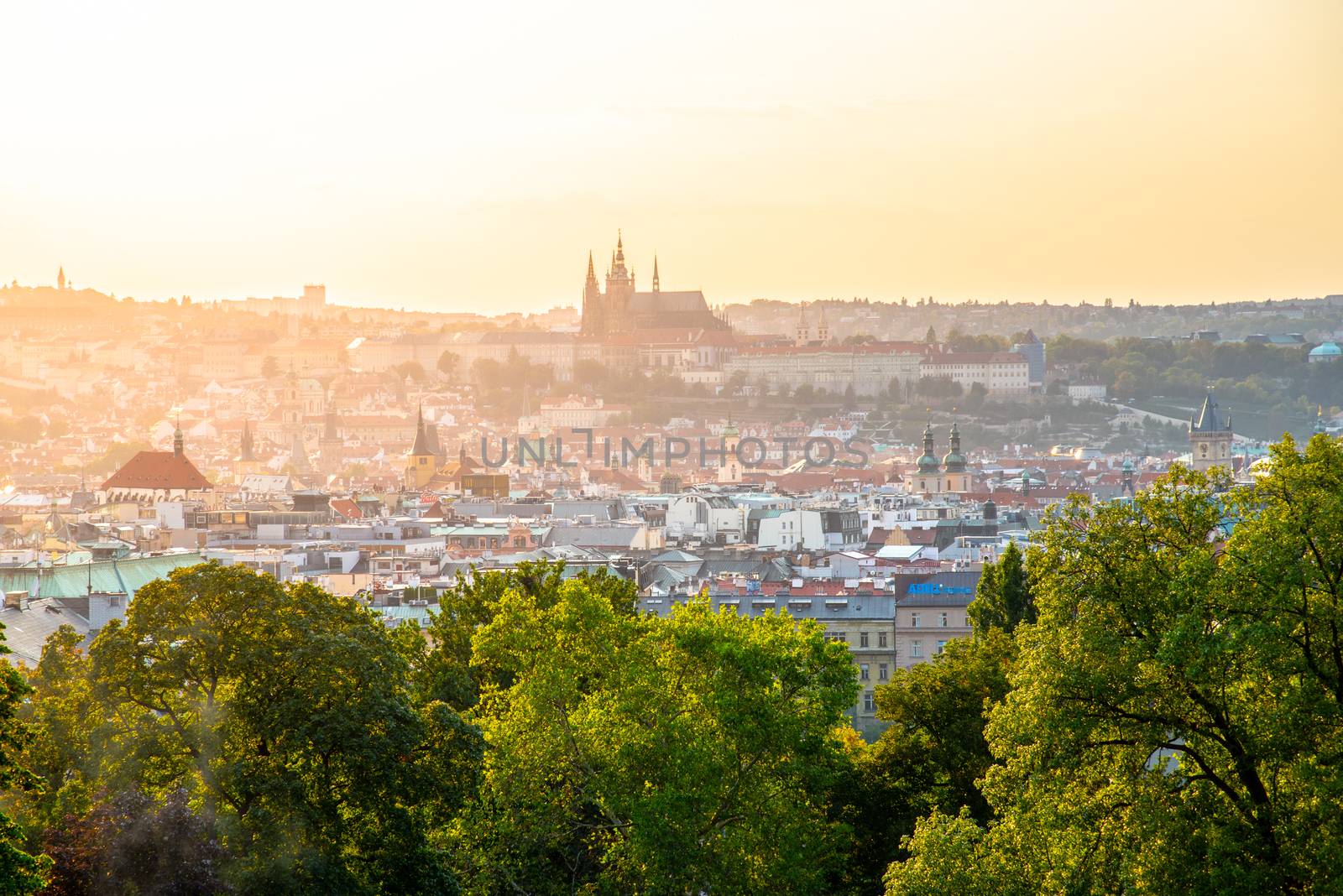 Prague cityscape with Prague Castle at summer sunset time. View from Rieger Gardens, Prague, Czech Republic by pyty