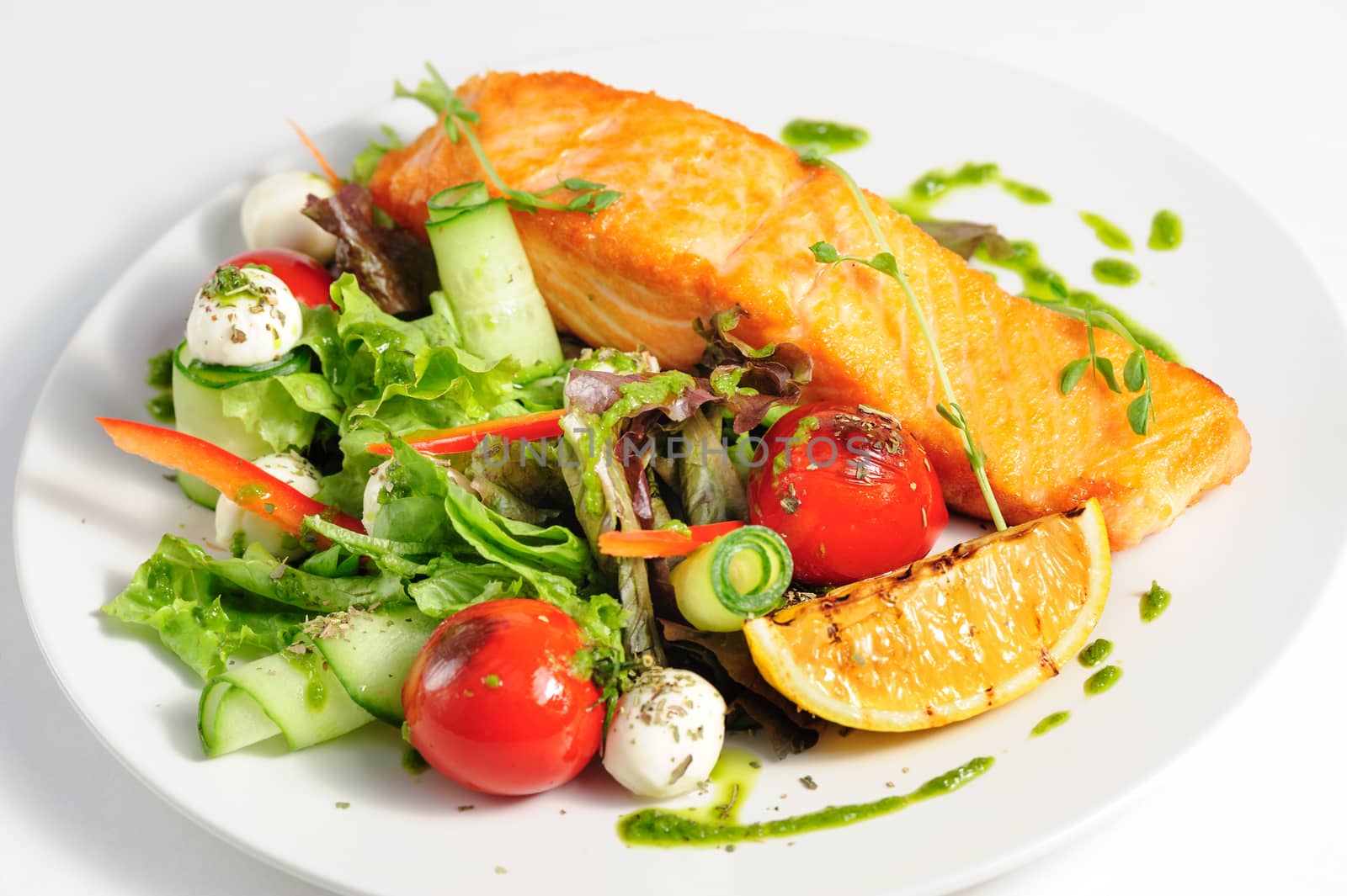 Grilled salmon and fresh vegetable salad at the plate
