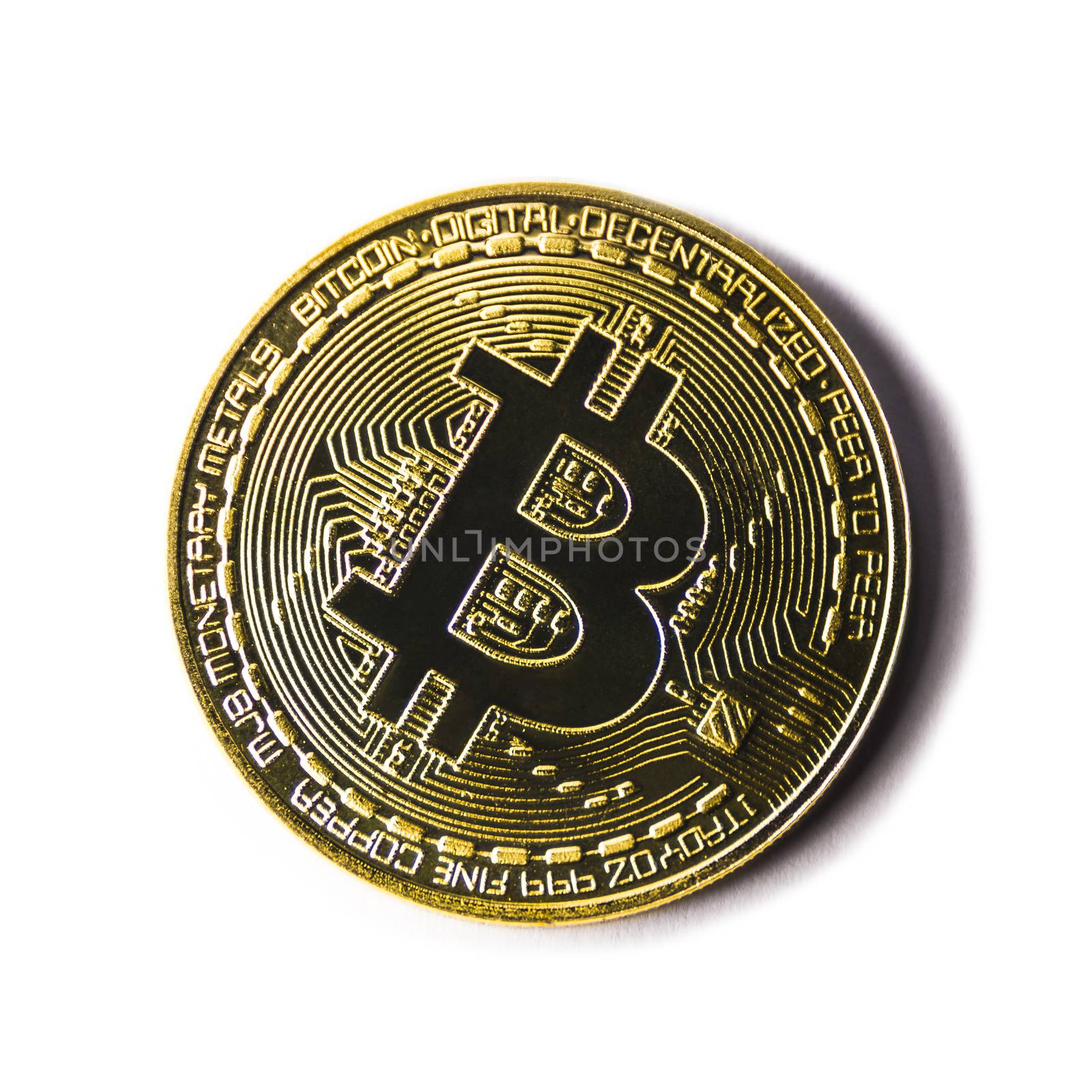 Golden Bitcoin coin on white background. Cryptocurrency