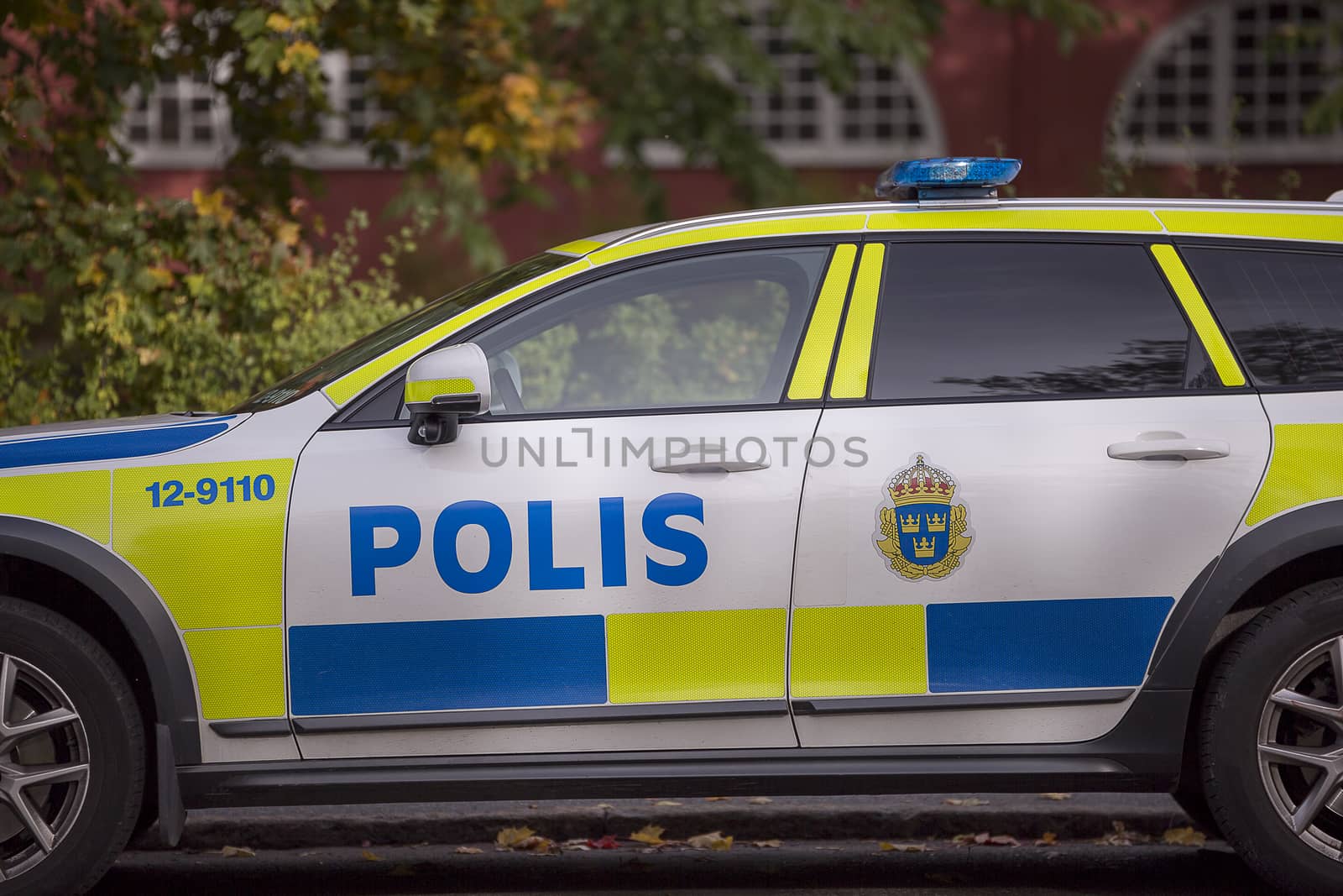 Swedish Police Car Parked with autumn leaves.