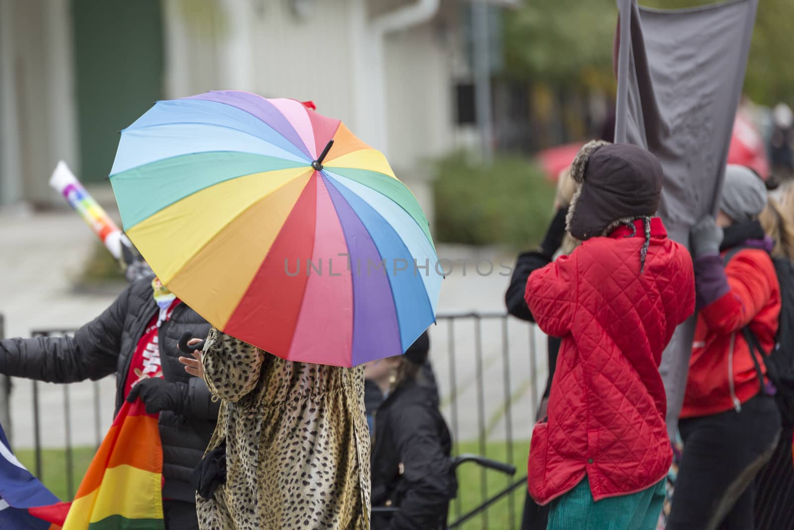 Person Carrying Rainbow Umbrella in Pride Parade.