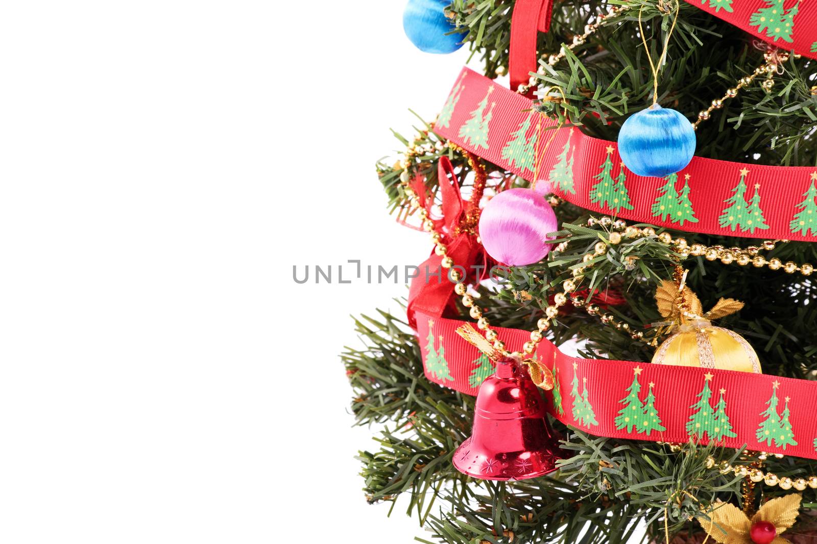 Ready for the holidays. Close up shot of a part of decorated Christmas tree, isolated on white background.