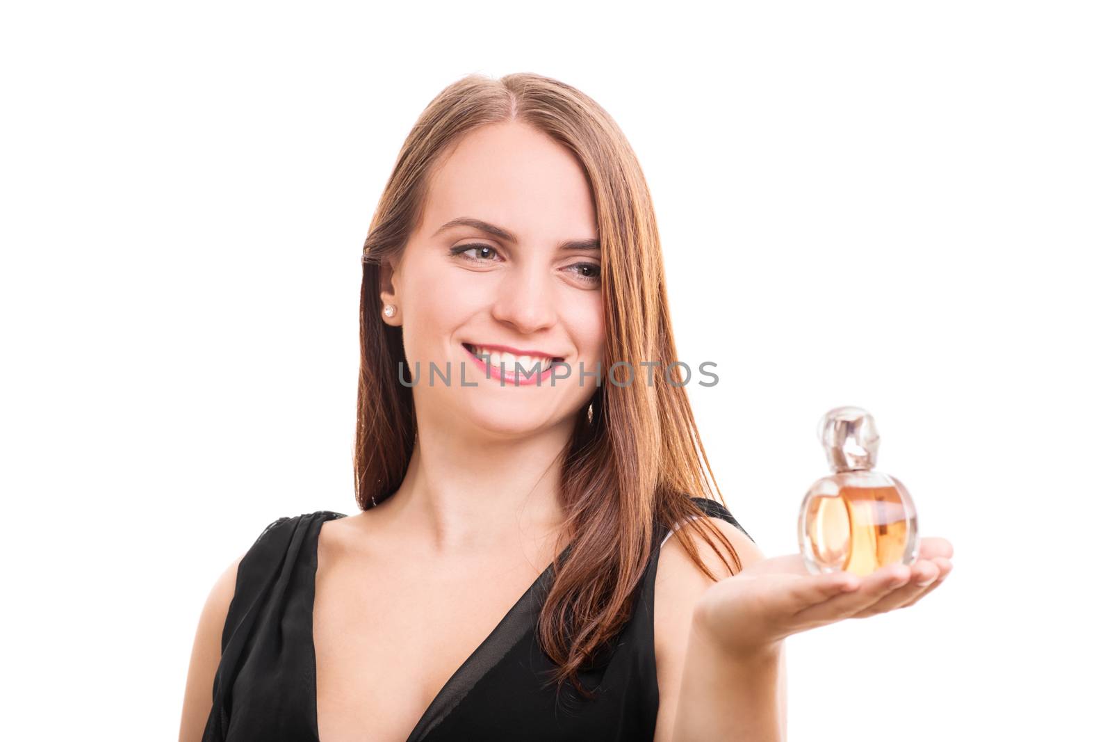 Young woman holding a perfume bottle by Mendelex