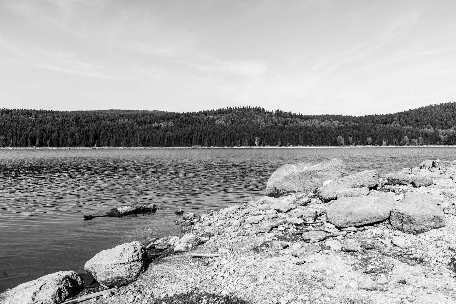 Mountain water reservoir Josefuv Dul, aka Josefodolska Dam, Jizera Mountains, Czech Republic. Sunny summer day. Black and white image.