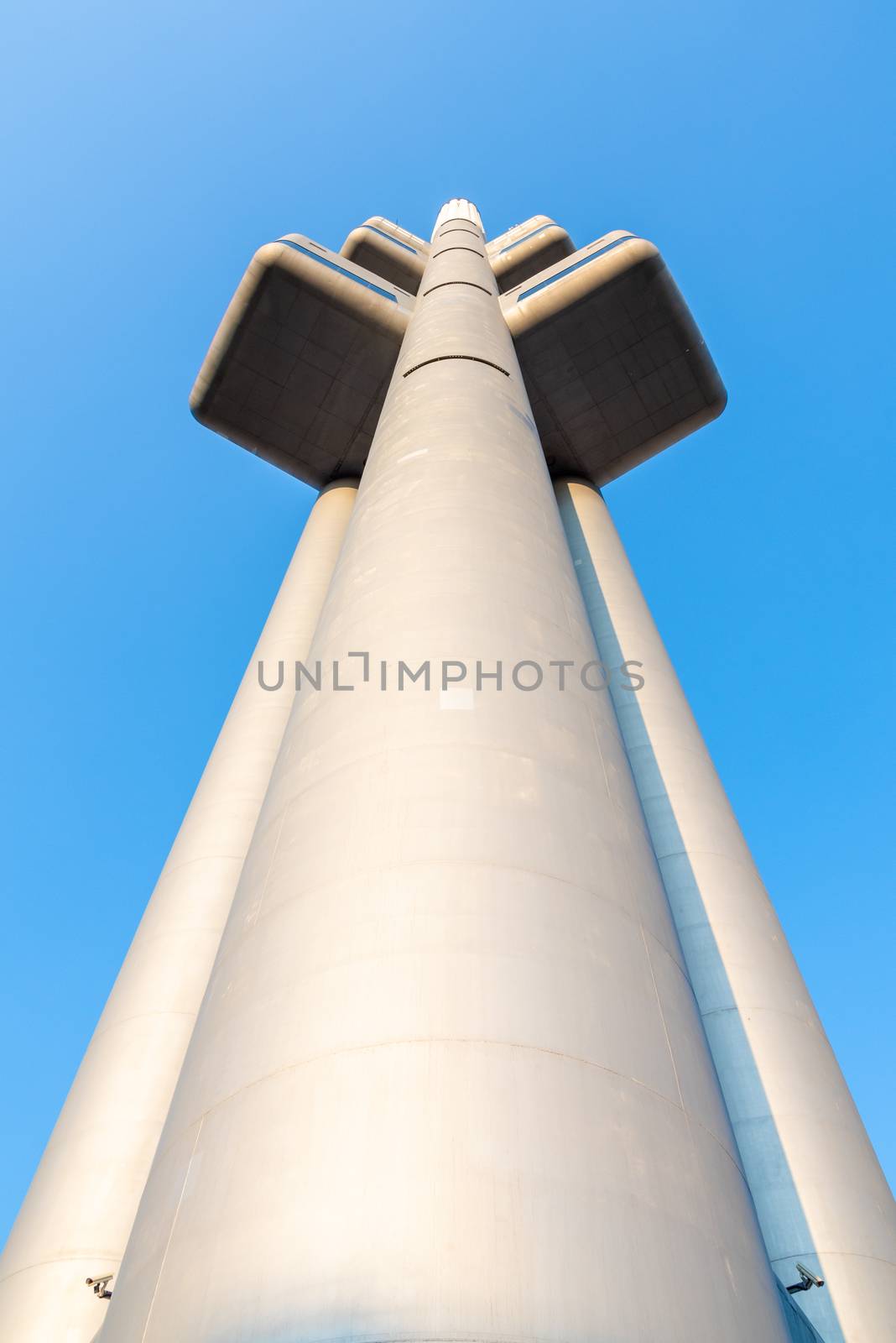 Zizkov Television Tower in Prague, Czech Republic. Bottom view.