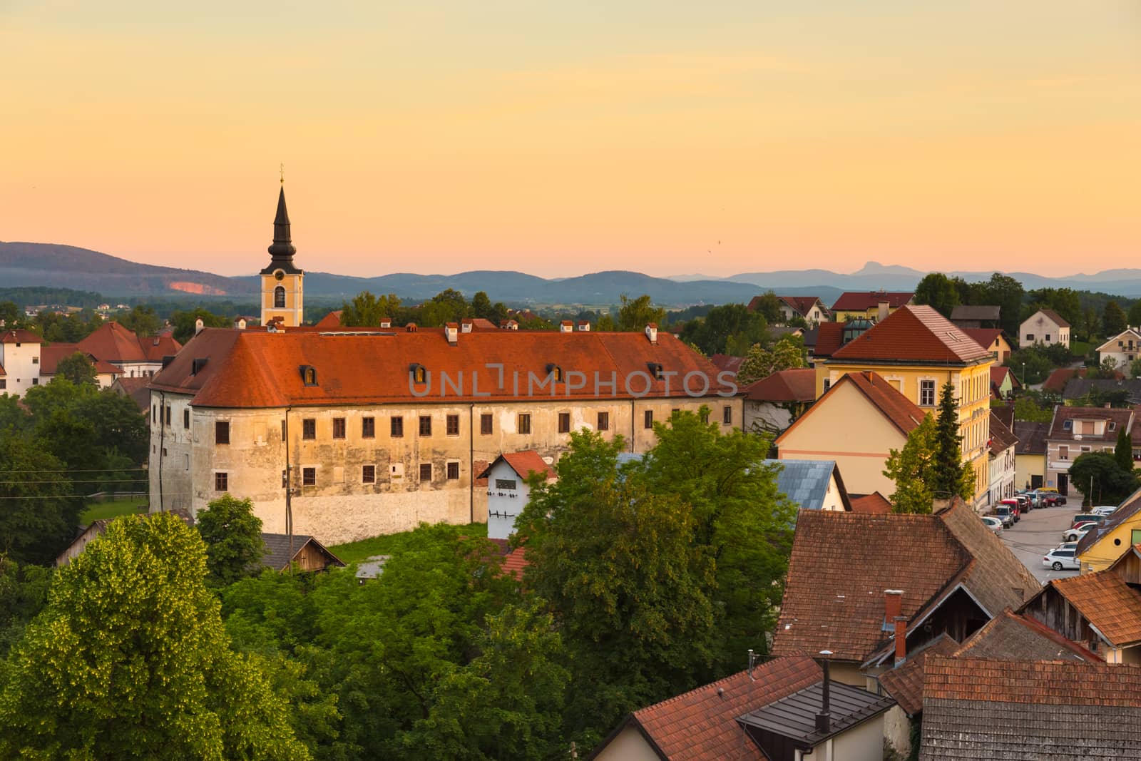 Panorama of Metlika, town and municipality in the southeastern Slovenia. It lies on the left bank of the Kolpa River on the border with Croatia. Is at heart of the area of White Carniola