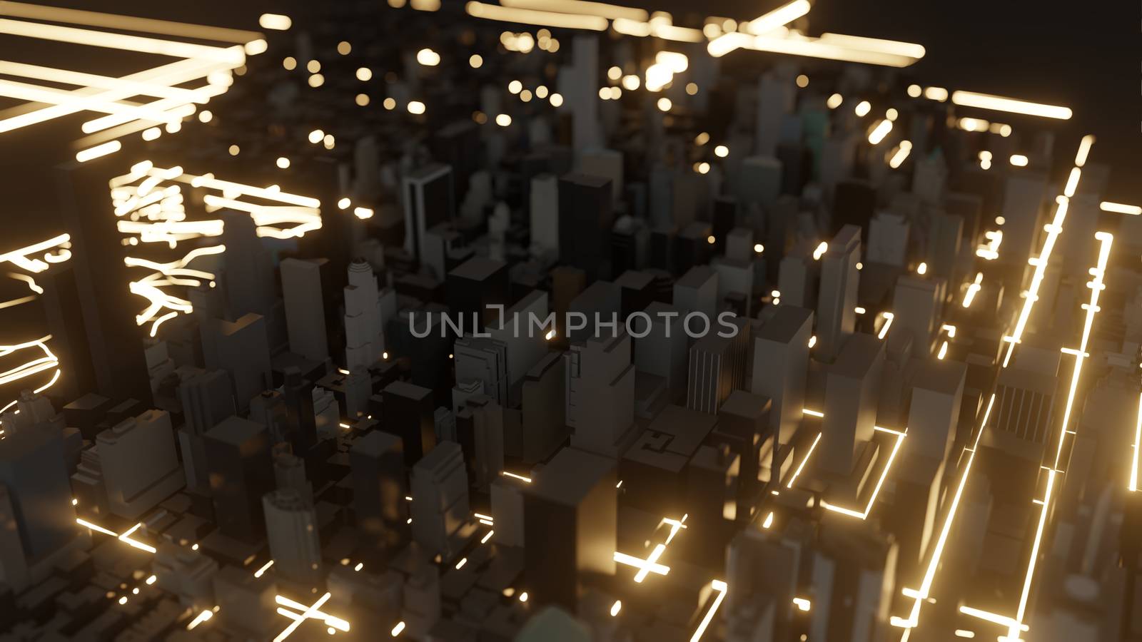 Modern city traffic road at night. Cyberpunk style 3D illustration