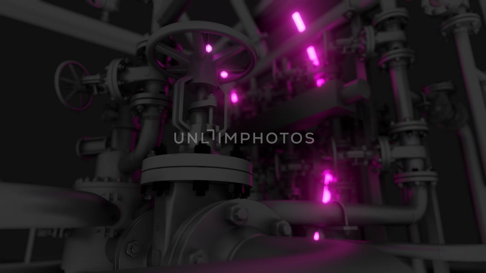 Abstract Industrial Equipment with Neon Lights. Ultraviolet light. 3D illustration