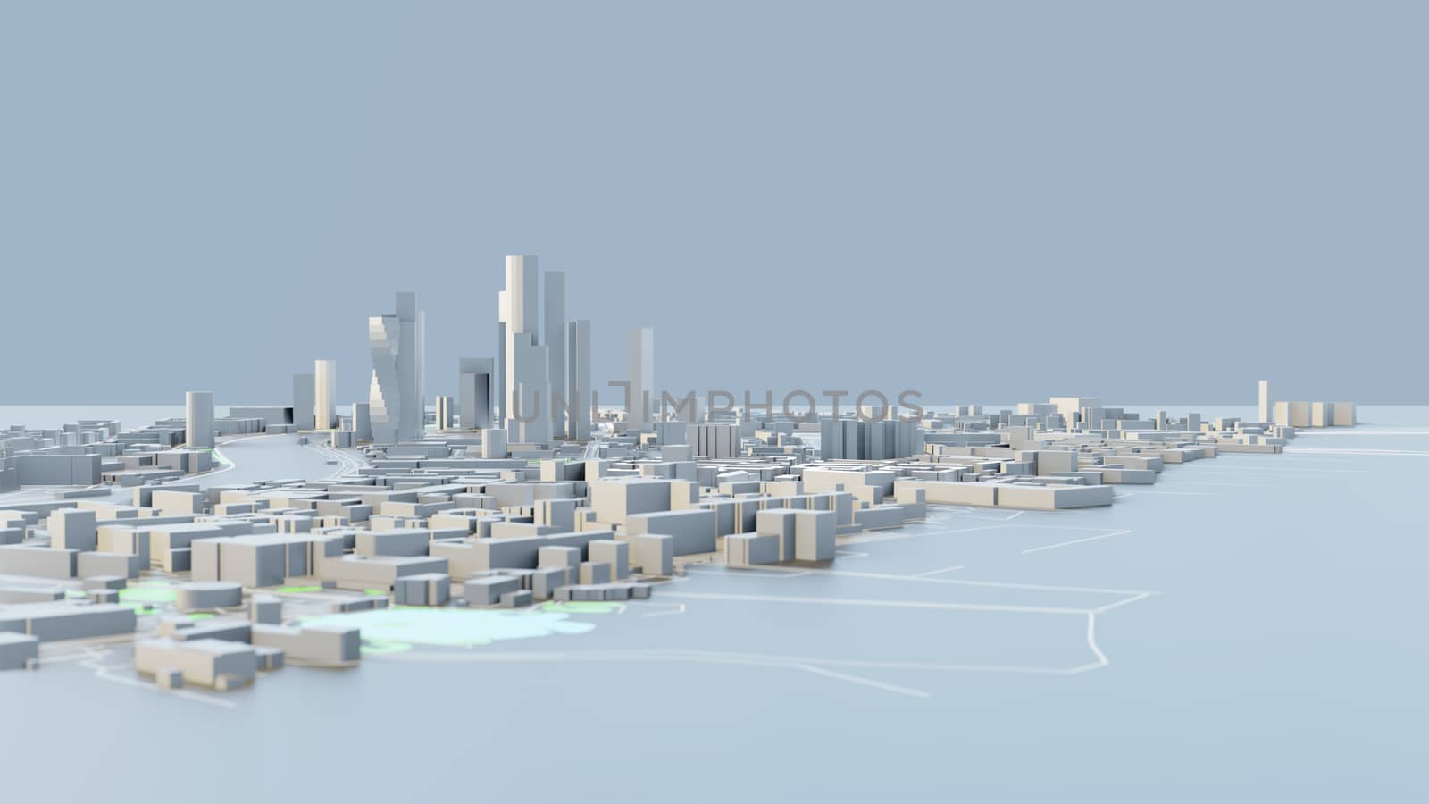 3D illustration. White Futuristic City in sunny day. Sky background