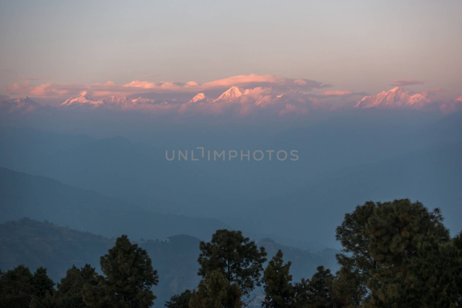 Sunset view of the Himalayas from Nagarkot in the Kathmandu Valley, Nepal