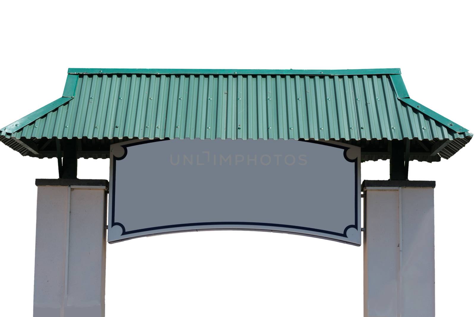 Entrance gate in pagoda style with green canopy exposed against white background