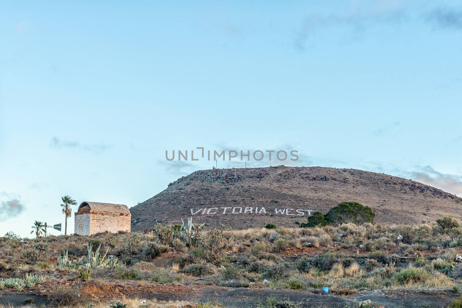 An historic gunpowder magazine in Victoria West in the Northern Cape Province. The name of the town is visible in the back