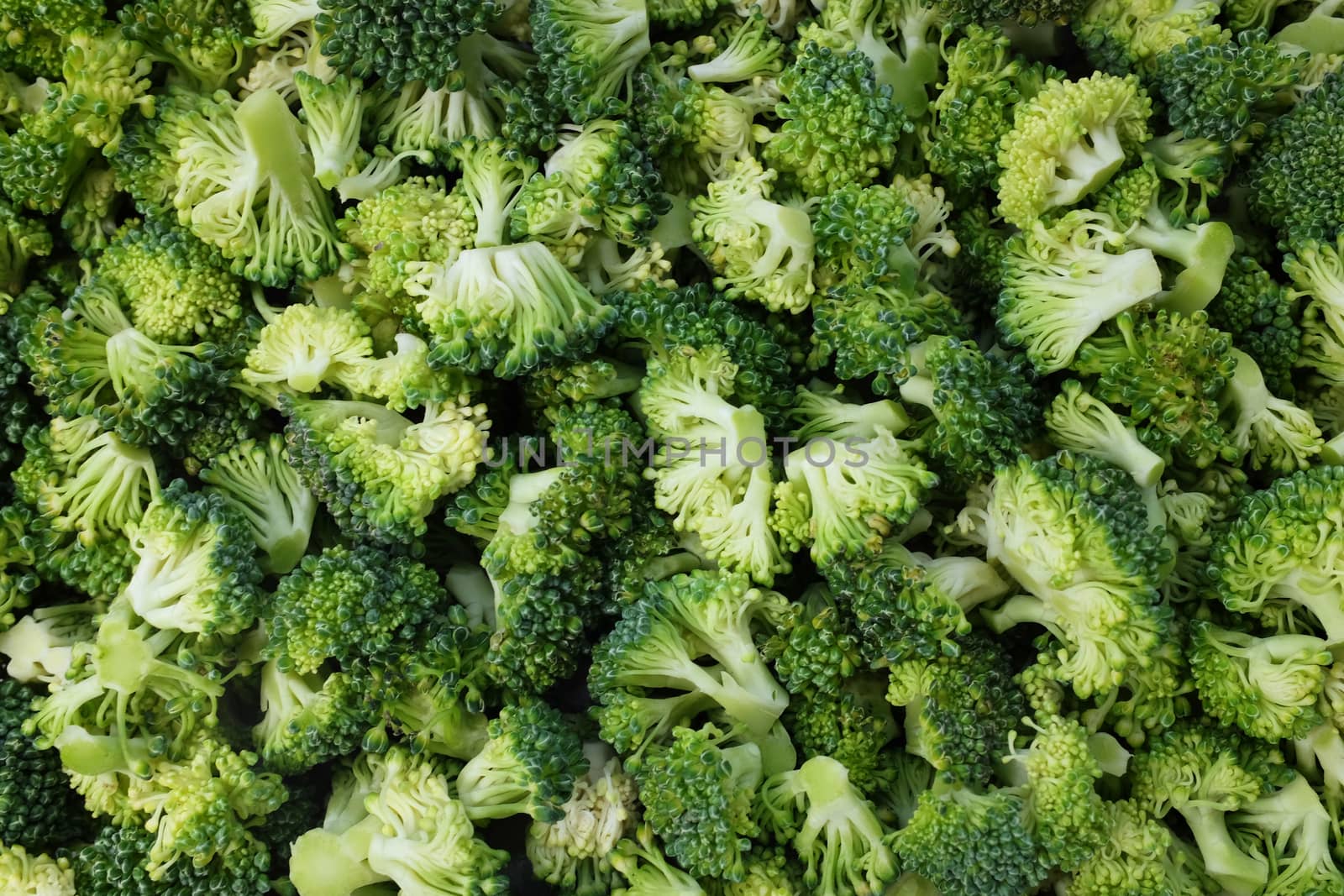 Fresh, raw calabrese broccoli florets as an abstract background texture