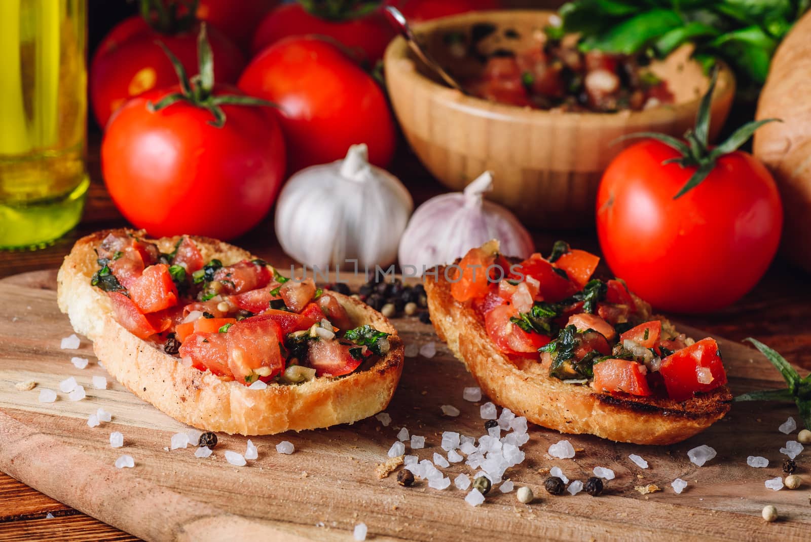 Two Bruschetta with Tomatoes and Fresh Basil