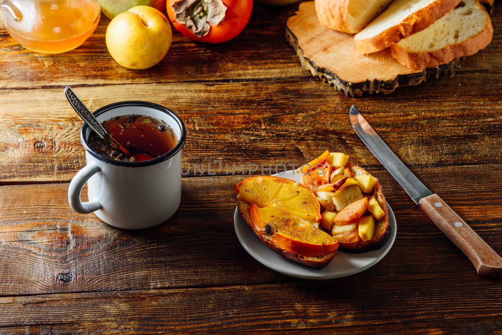 Fast Breakfast with Herbal Tea and Fruit Toast