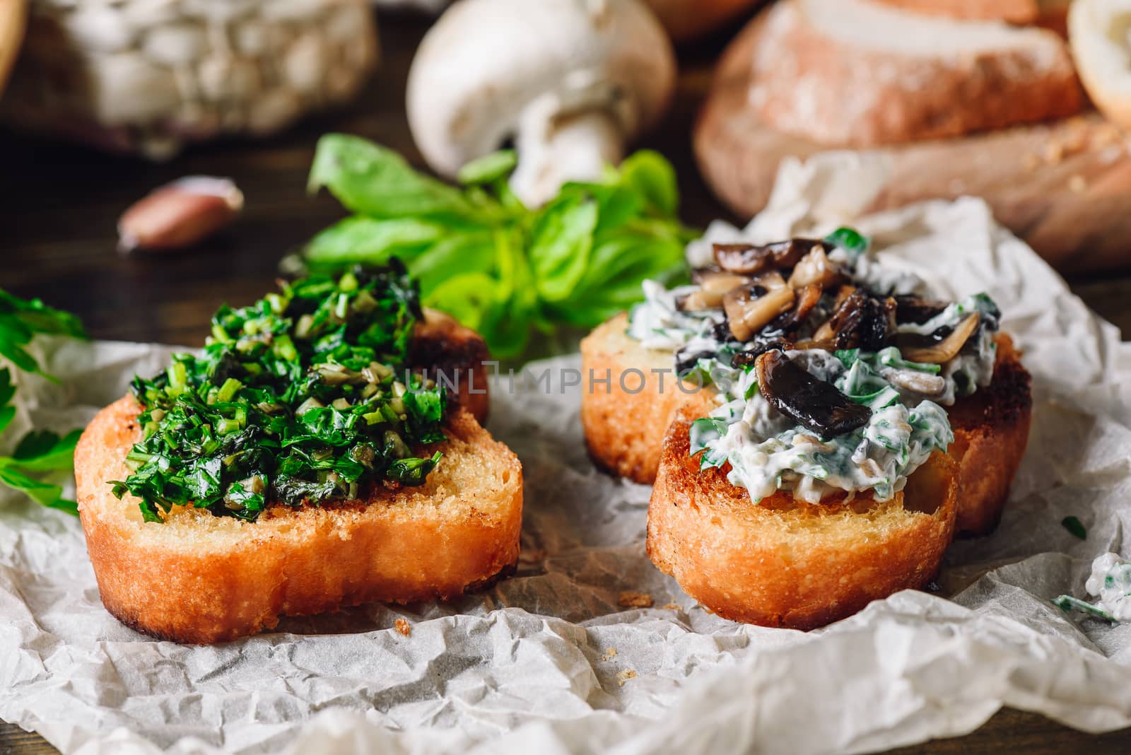 Two Bruschettas with Greens and Mushroom Sauce. Italian Snack.