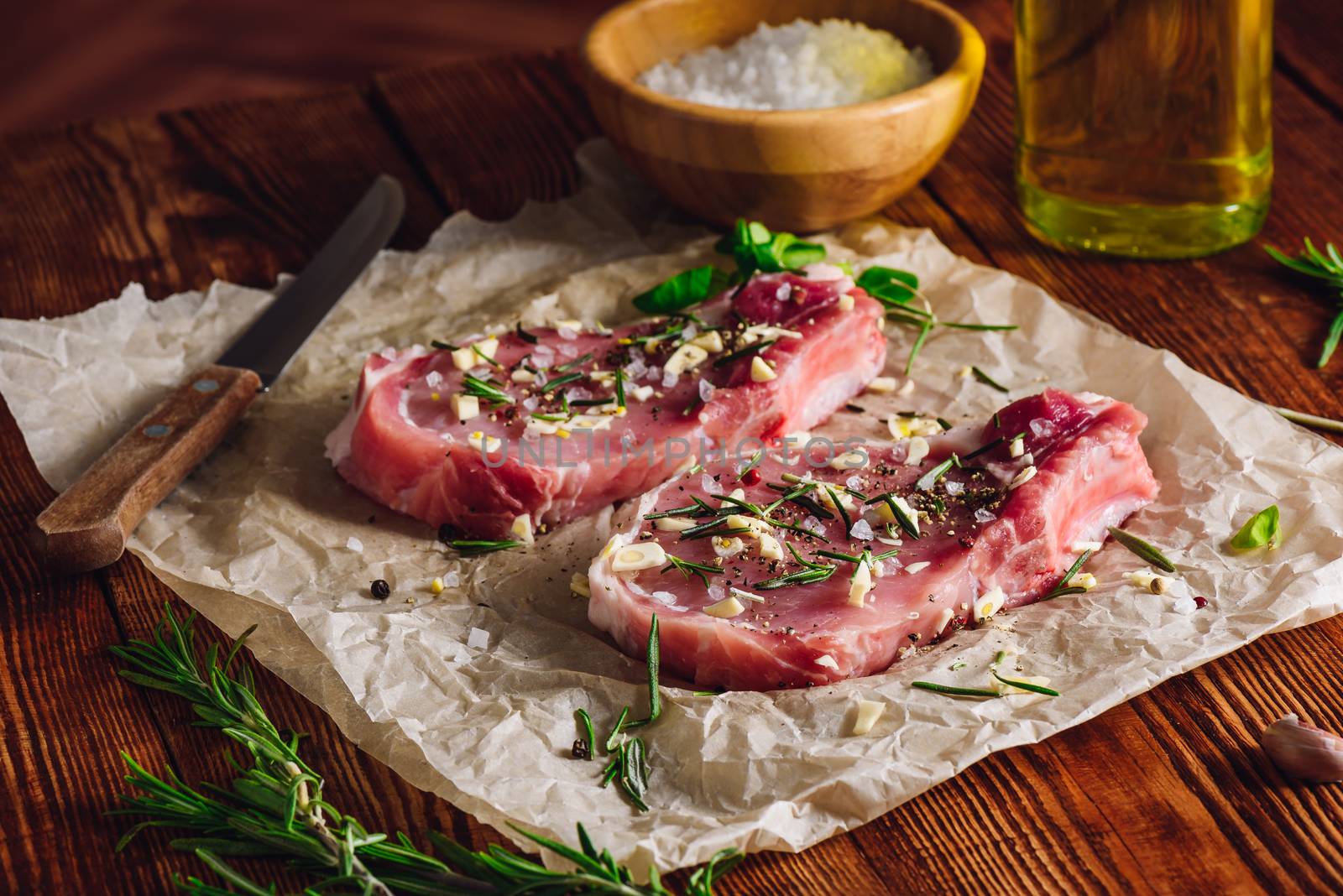 Twu Rib Eye Steak Prepared with Spices for Frying