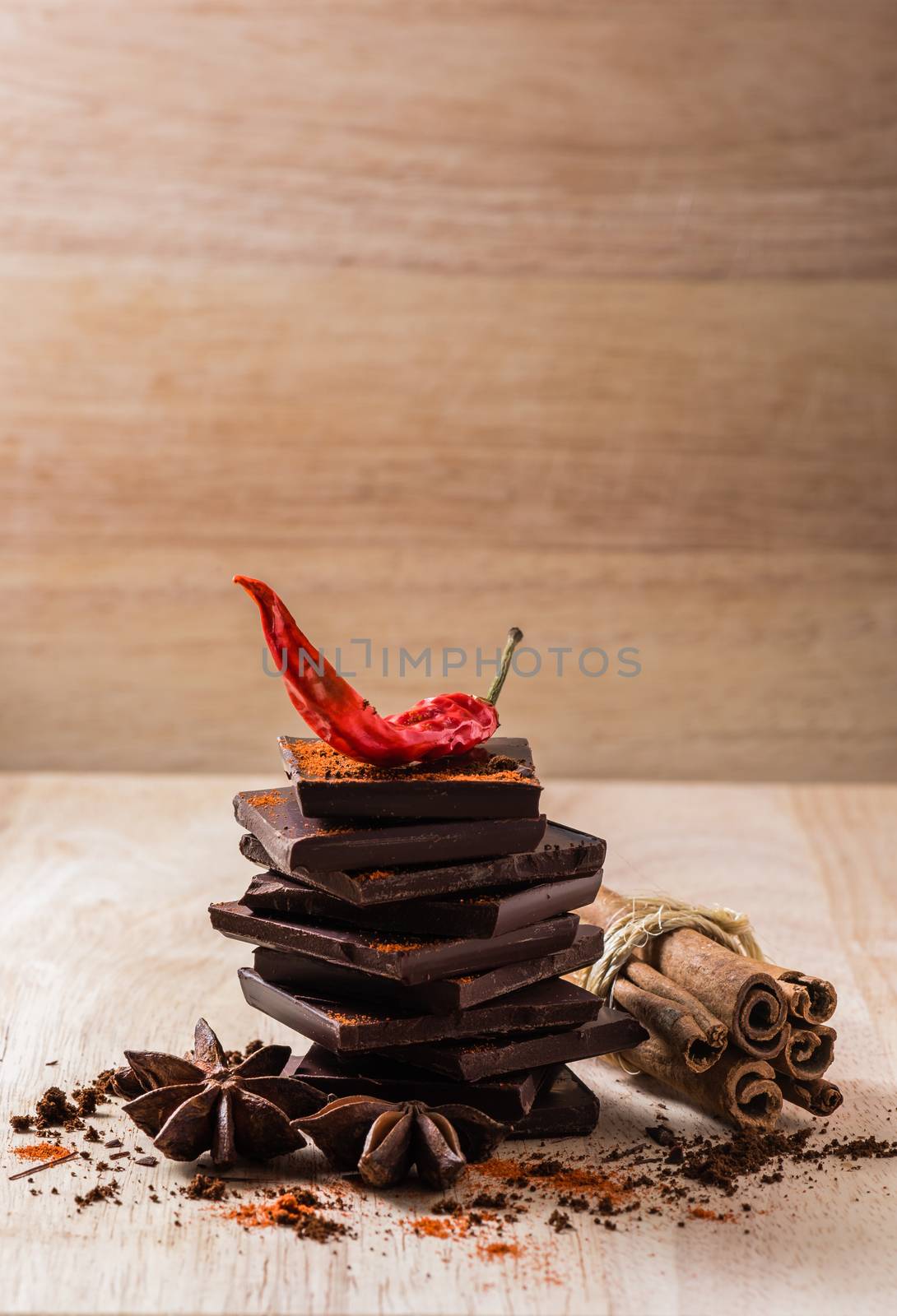 Chocolate and Condiment Still Life. Copy space in the top of image.
