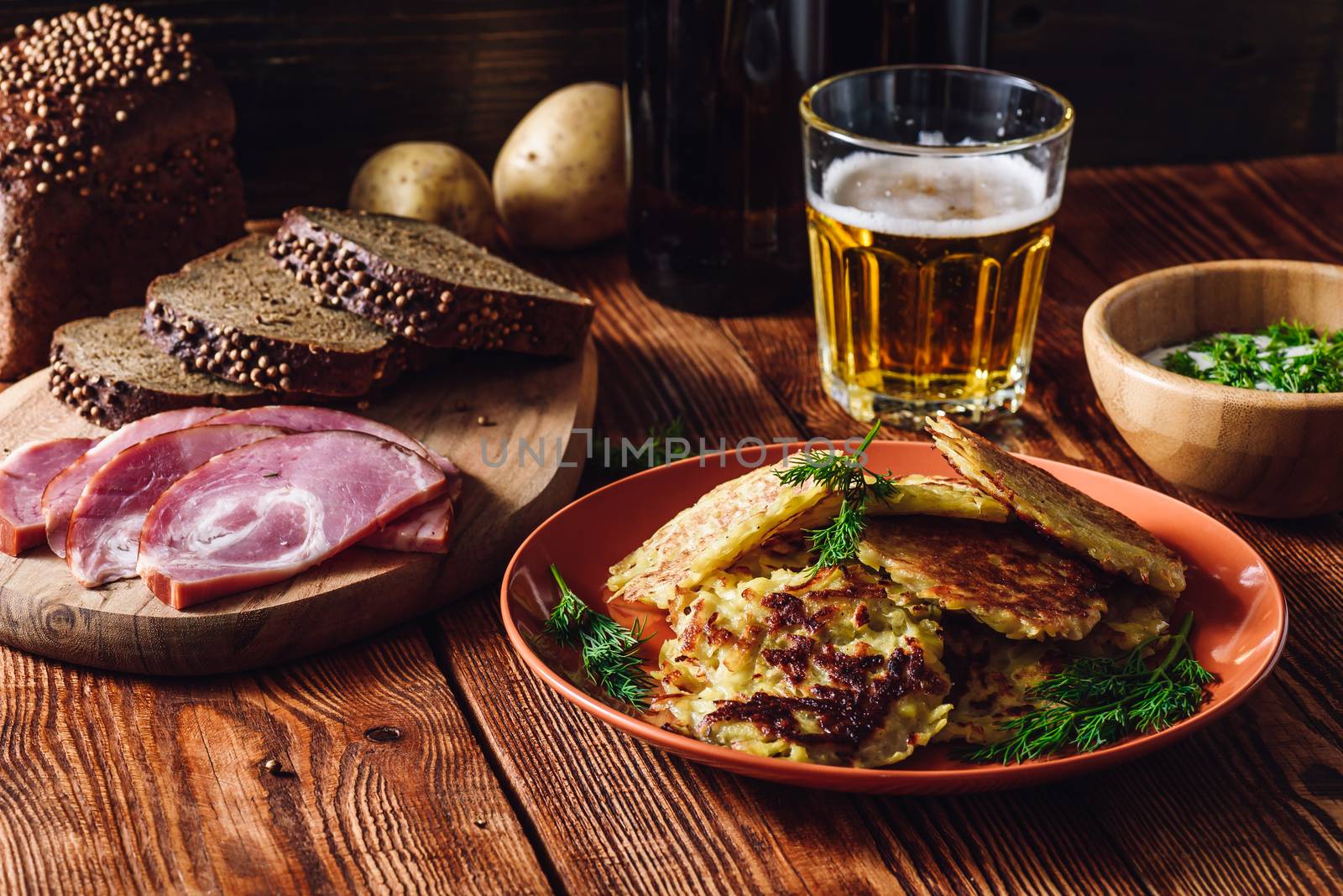 Traditional Potato Pancakes with Glass of Beer
