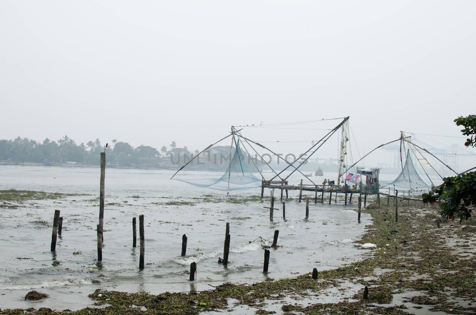 In India, Chinese fishing nets are fishing nets that are fixed land installations for fishing