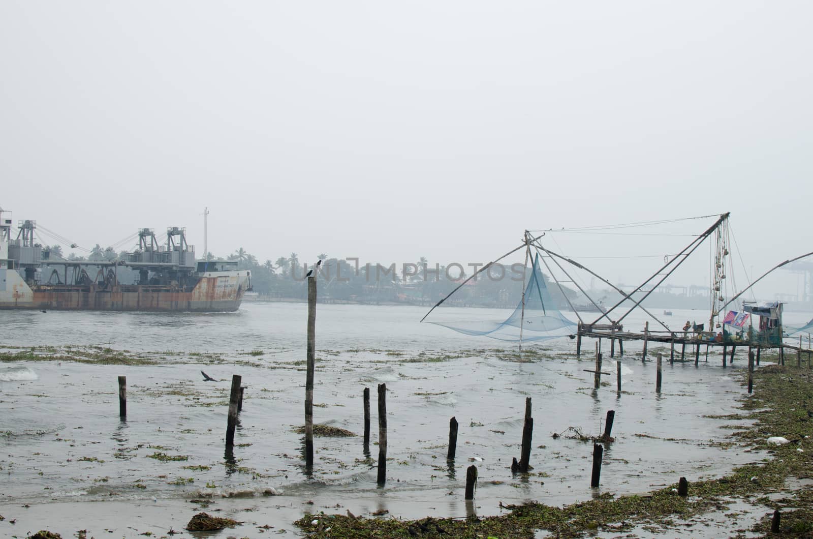 In India, Chinese fishing nets are fishing nets that are fixed land installations for fishing